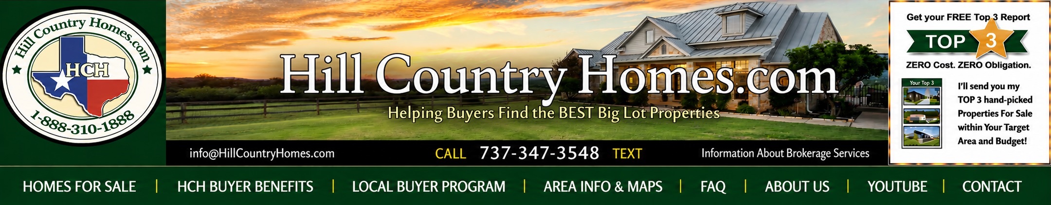 HillCountryHomes.com main website header with contact information, Top 3 report promotion, and primary navigation.