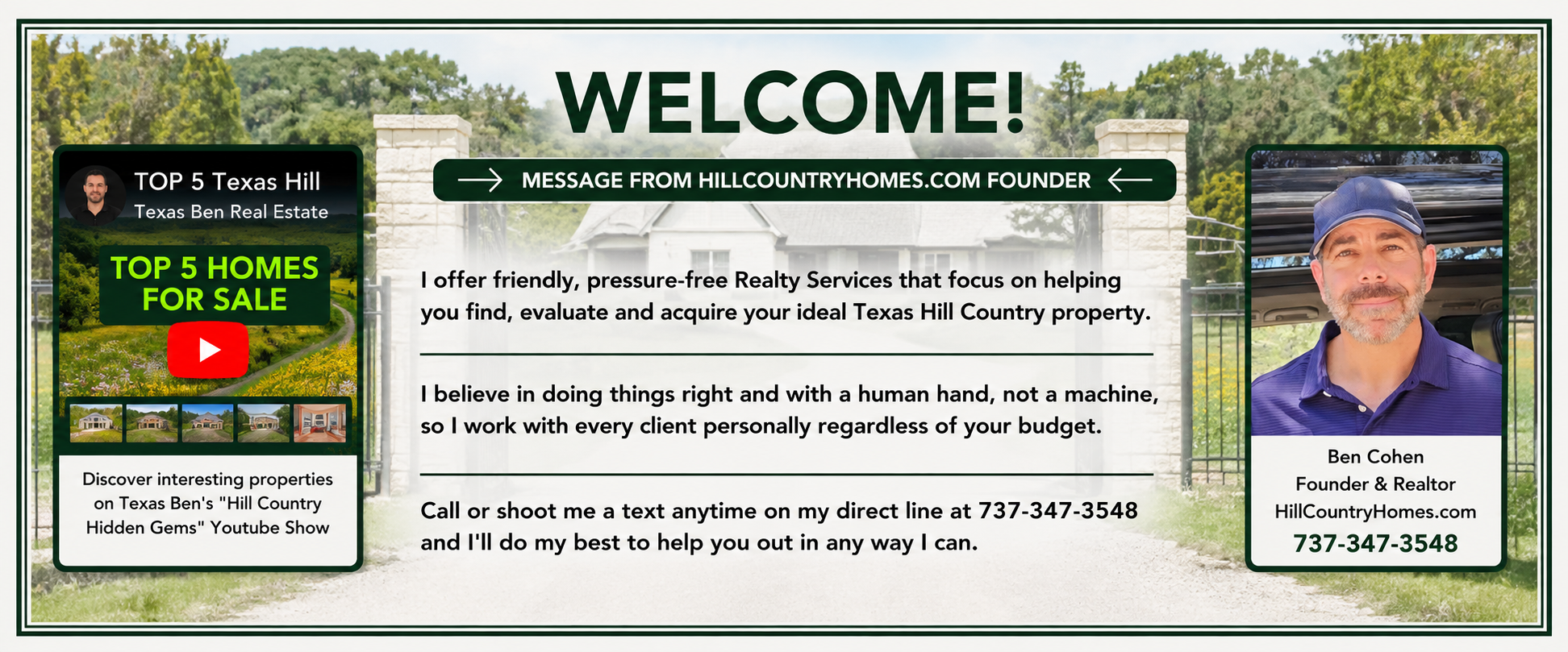 Welcome message from HillCountryHomes.com founder Ben Cohen